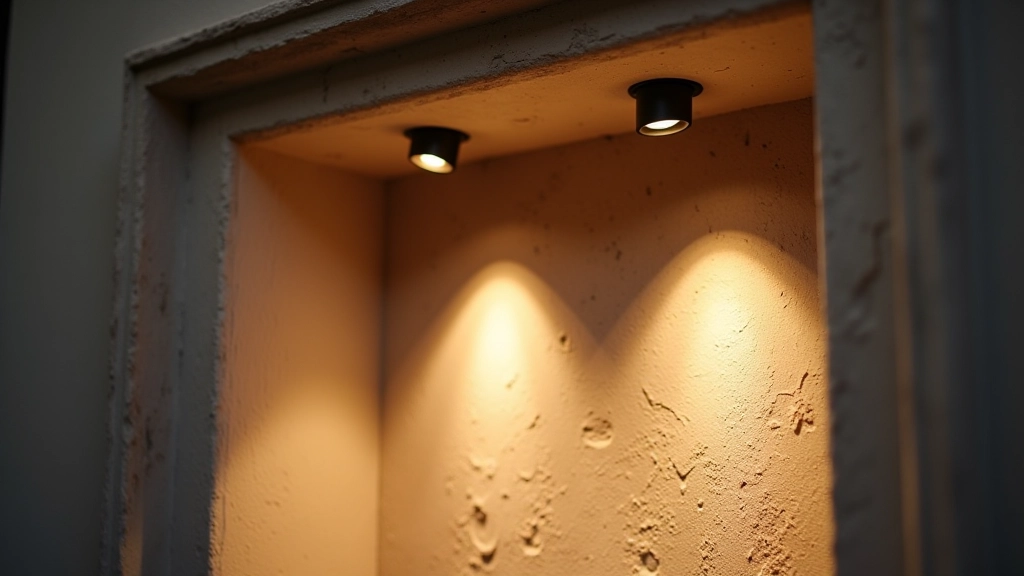 Dettaglio di faretti direzionabili in nicchia, angolazione precisa per illuminare superficie in pietra, luce calda evidenzia texture