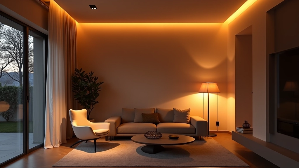 Soggiorno con tutti e tre i livelli di illuminazione integrati: plafoniera generale, lampada d'accento su console, lampada da lettura