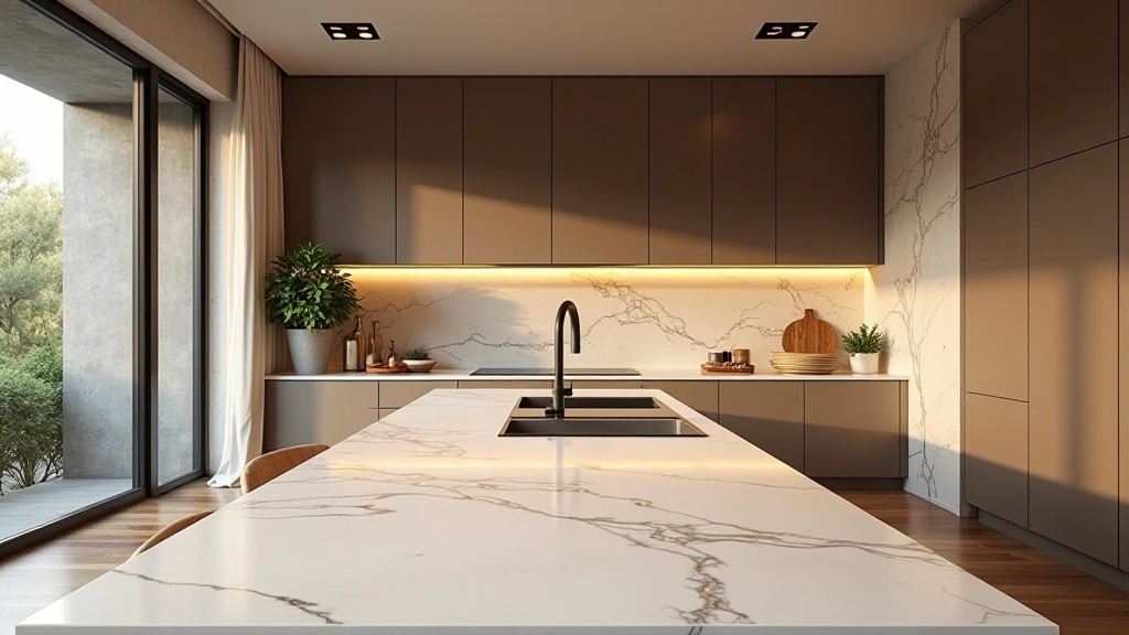 Cucina contemporanea italiana con equilibrio tra luce naturale da finestre grandi e illuminazione artificiale sottile dai faretti a soffitto