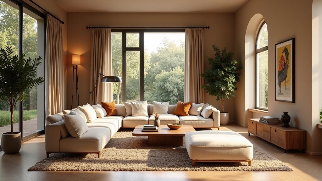 Interno italiano elegante con illuminazione stratificata, luce naturale da finestre ampie e lampade moderne su tavolo di legno