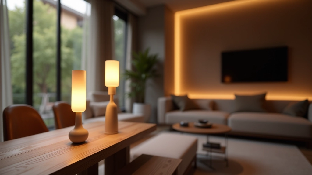 Soggiorno elegante con illuminazione a strati, lampade moderne su tavolo di legno e luce naturale da finestre ampie