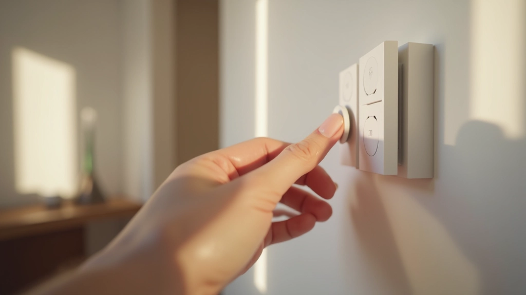 Progettista che modifica le impostazioni di illuminazione su un pannello di controllo intelligente, dimmer e interruttori in primo piano, ambiente studio professionale