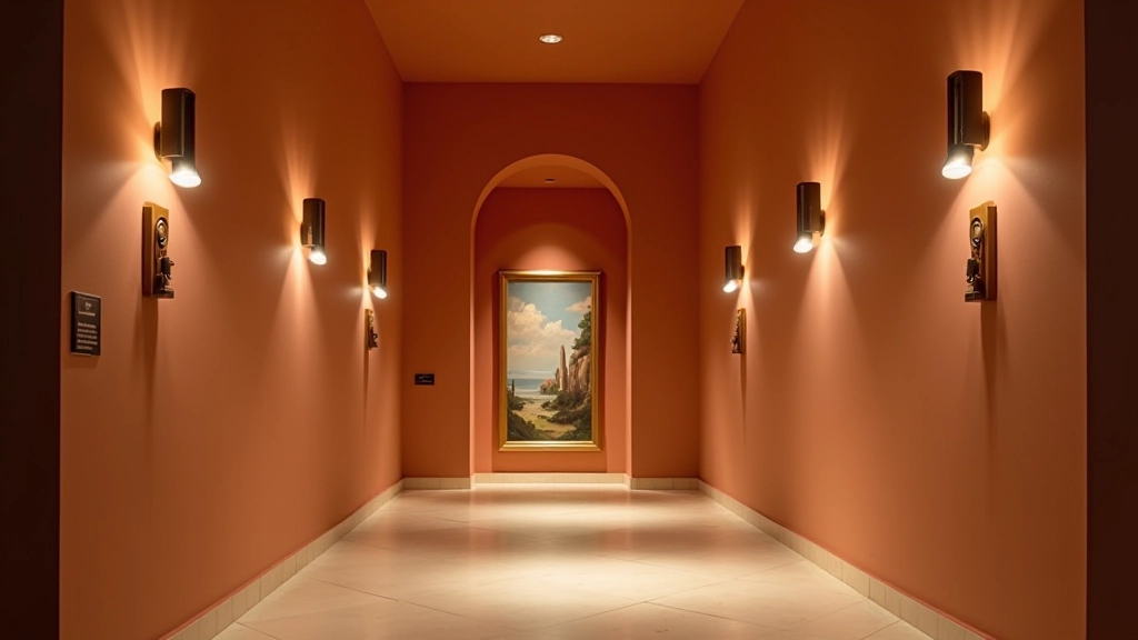 Corridoio italiano con illuminazione d'accento su opera d'arte in nicchia, faretti direzionabili evidenziano architettura