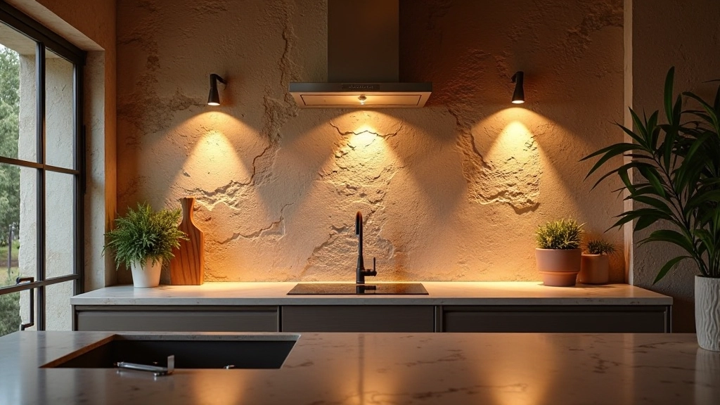 Cucina italiana con illuminazione d'accento su parete in pietra naturale, faretti mettono in evidenza texture e colore della roccia