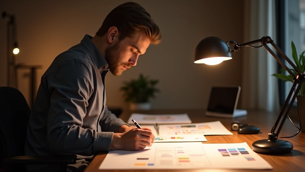 Designer di illuminazione al lavoro con campioni di colore e schizzi di progetti, studio luminoso con tavolo da lavoro