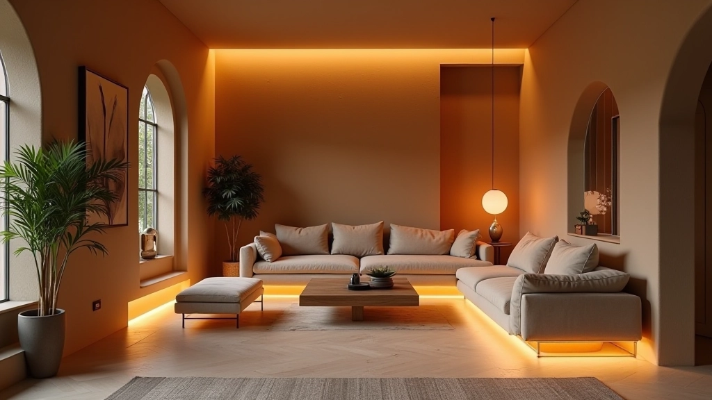 Spazio interno italiano con illuminazione stratificata e atmosfera creata attraverso luci naturali e artificiali