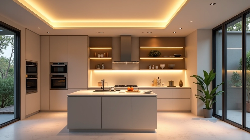 Illuminazione generale di una cucina moderna con soffitto in cartongesso e faretti incassati distribuiti uniformemente