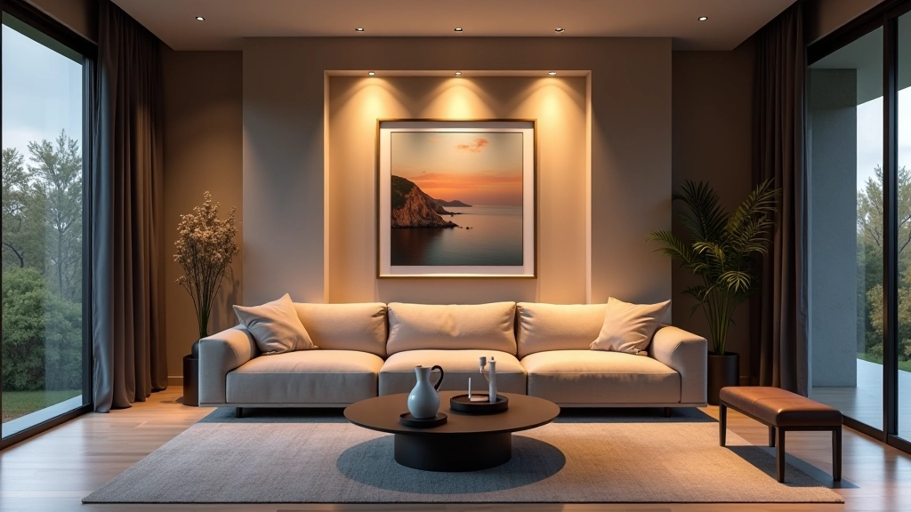 Soggiorno moderno con faretti a incasso che illuminano nicchia architettonica e quadro appeso, dettagli evidenziati con precisione
