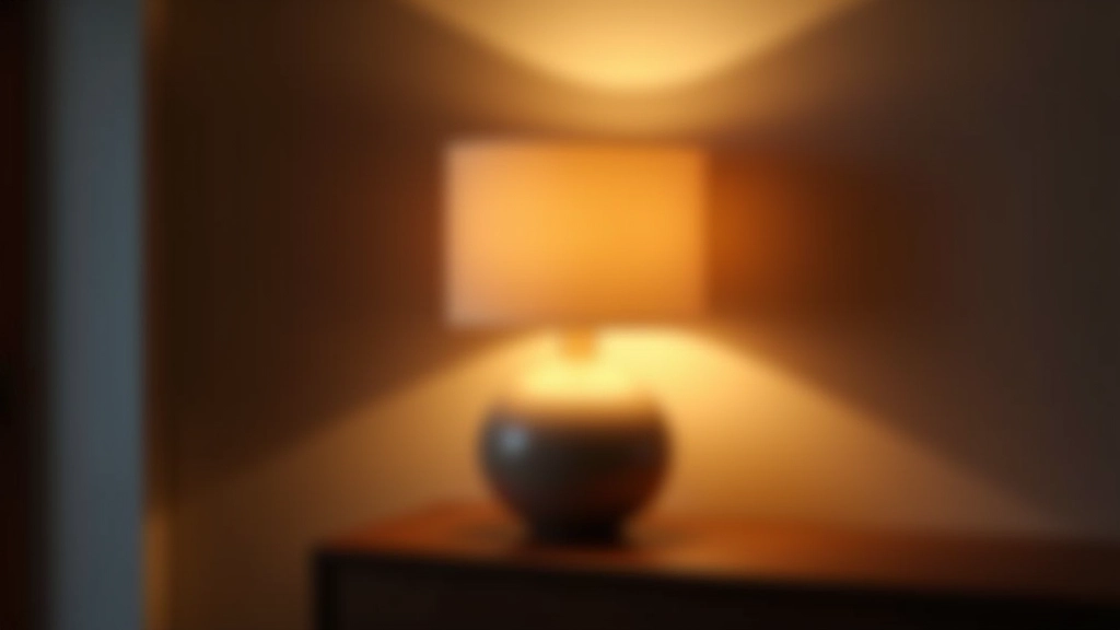 Lampada da tavolo moderna con paralume in tessuto su consolle di legno, illuminazione d'accento che crea ombre piacevoli