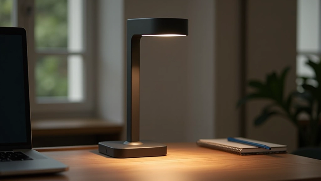Scrivania con lampada da studio orientabile in metallo nero, illuminazione di compito concentrata sul piano di lavoro